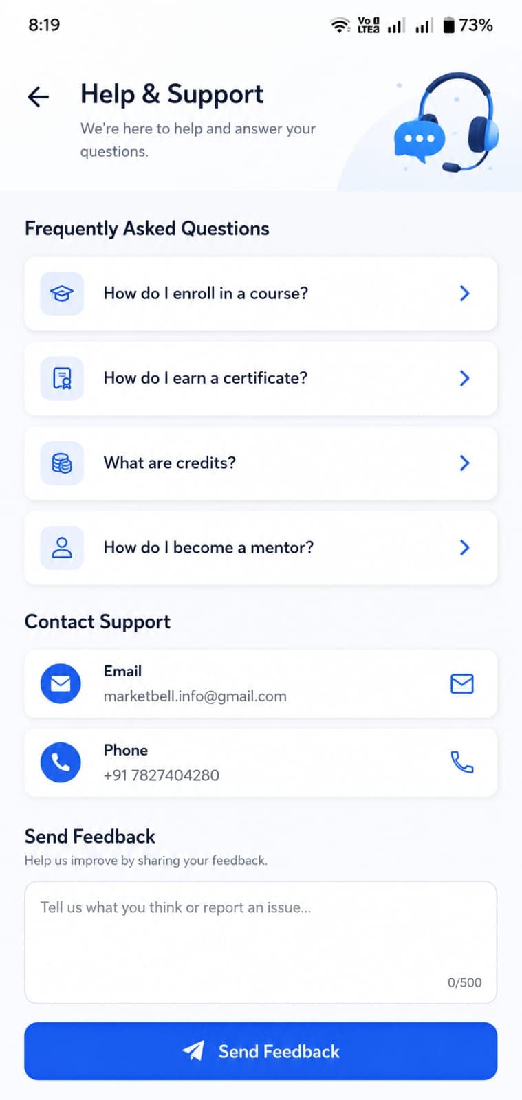 Help and support screen