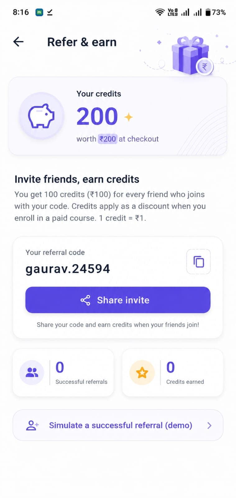 Refer and earn credits screen