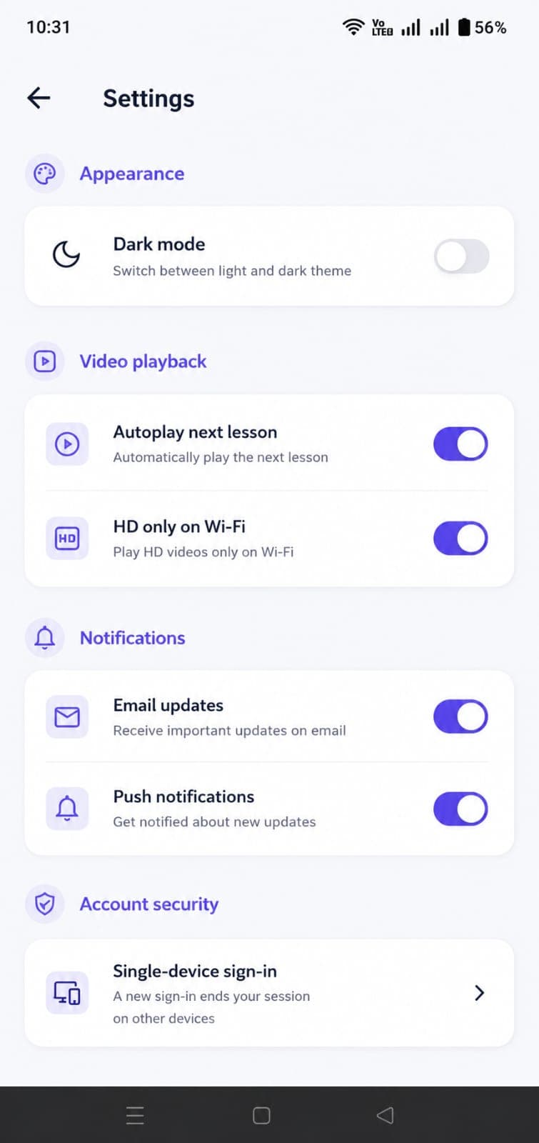 Account settings screen